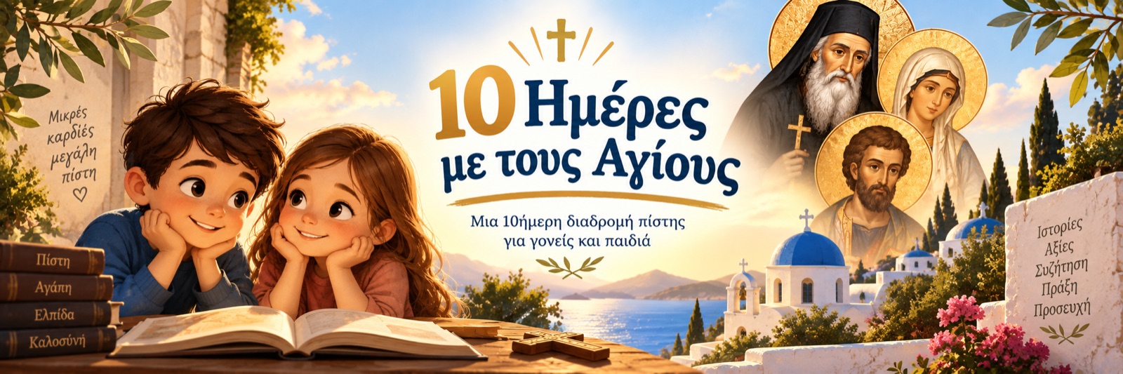 Banner του προϊόντος «10 Ημέρες με τους Αγίους» με εικόνες Αγίων και ελληνικό τοπίο